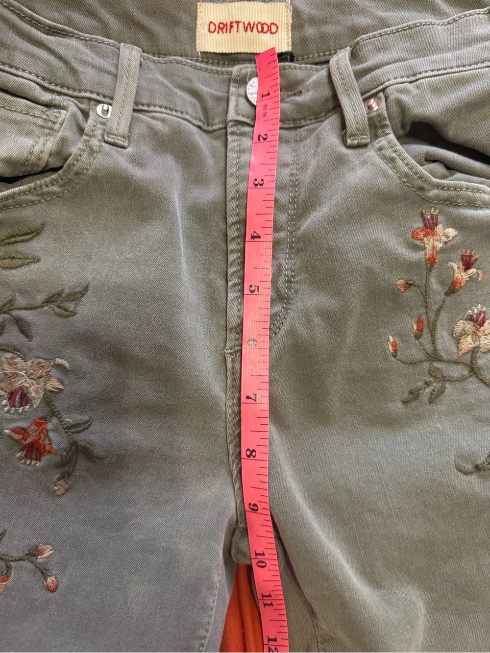 Driftwood Jackie Olive Green Embroidered Skinny Jeans - Size 26 - Picture 5 of 9